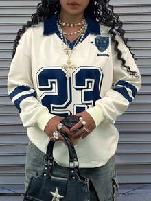 Rovax Plus Size Loose Fit Double Layer V-Neck Drop Shoulder Long Sleeve Sweatshirt