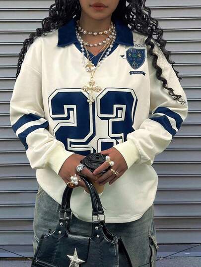 Rovax Plus Size Loose Fit Double Layer V-Neck Drop Shoulder Long Sleeve Sweatshirt