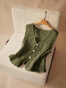 Elaquor Plus Size Women's Fashion Bohemian Button Knit Vest/Winter Knitted Cover Up Green Knit Top Summer Tops Women - Army Green - View 2