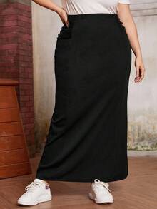 SHEIN Essnce Plus Ruched Mesh Detail Maxi Skirt - Black - View 4