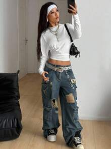 Coolane Damskie jesienne, minimalistyczne, codzienne ubrania w stylu Y2K, casualowe, z powrotem do szkoły, rozciągliwe, białe, luźne, marszczone, skrócone koszulki z długim rękawem