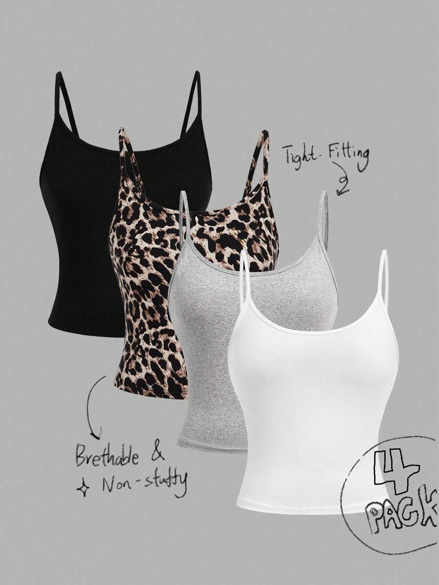 Girlism 少女涤纶修身背心，多色可选，适合叠穿和夏季休闲穿着。三件装，含胸罩，紧身设计，豹纹印花，适合秋冬季日常穿着、街头风、居家穿着。透气可爱，适合新年、日常穿着、庆祝活动、秋冬季穿着，舒适百搭，时尚有型。 - 彩色 - 查看 1