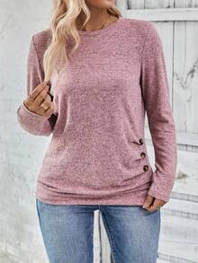 Selamara Plus Size Women Casual Long Sleeve Round Neck Ruched Hem Button Decor T-Shirt, Autumn/Winter - Pink - View 4