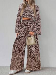 EMERY ROSE 2pcs Women Casual Leopard Print Loose Flare Sleeve Top And Wide Leg Pants Set, Autumn - Pink - View 3