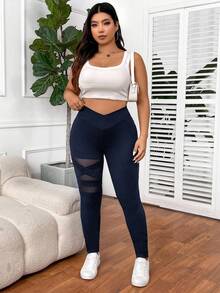 SHEIN PETITE CURVE 大码女式纯色基础日常打底裤 - 藏蓝色 - 查看 4