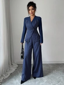 Modelyn Damen gewebter gestreifter blauer Patchwork einfarbiger Langarm anliegender Top und gerade geschnittene Hose Anzug, Herbst/Winter