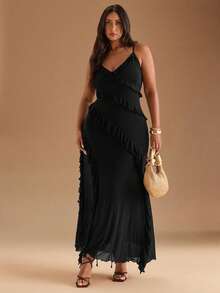 SHEIN BAE Đầm maxi cổ yếm in hoa họa tiết da báo thời trang mùa hè thanh lịch dành cho nữ cỡ lớn, thích hợp cho các buổi hòa nhạc, đi làm tốt nghiệp - màu đen - Xem 1