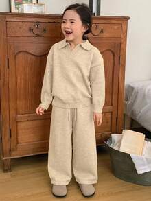 Dazy Kids Young Girl Solid Color Drop Shoulder Long Sleeve Sweater And Drawstring Waist Knit Pants Casual Suit, Autumn - Apricot - View 2