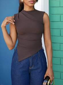 Yess Loren Women's Solid Color Sleeveless Cropped Casual Tank Top With Asymmetrical Hem,Multipack - Coffee Brown - View 3