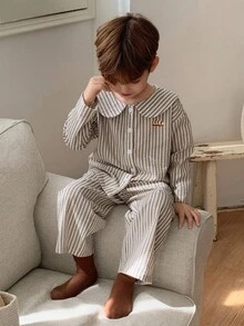 小男孩条纹彼得潘领长袖单排扣上衣和裤子睡衣套装 - 卡其色 - 查看 6