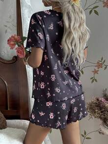 CottageSlumber Floral Rib Knit Loose Fit Short Sleeve Top & Shorts Women Pajama Set Black Pj Set Women, Christmas - Black - View 2