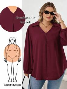 SHEIN CURVE+ 大码女式秋冬休闲宽松舒适 V 领黑色长袖衬衫、秋季女装、女式衬衫、曲线上衣、老款、黑色上衣、商务休闲女装、女式办公室装、W、教师衬衫、女式秋装、冬季、CURVE PLUS - 酒紅色 - 查看 9