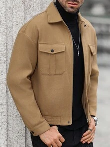 Manfinity CasualCool 男士纯色长袖拉链领口袋休闲外套，秋冬款 - 咖啡棕 - 查看 5