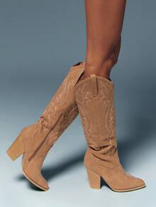 SHUZIA Women's Retro Embroidery Pattern Snip Toe Block Heel Knee High Nub Tan Cowboy Boots-Sleek Silhouette With Timeless Rodeo Appeal For Christmas - Maroon - View 3