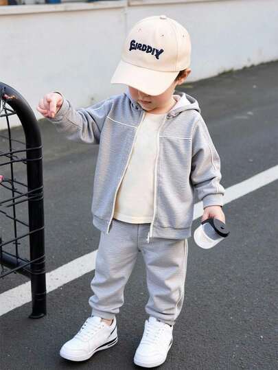 SHEIN 2 件套幼儿男童连帽卫衣和裤子套装，秋冬新款，长袖连帽衫，撞色拉链，拼布白色条纹裤子，舒适休闲装，适合日常穿着，家庭搭配，兄弟姐妹套装