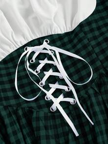SHEIN MOD Plus Size Vintage Green Plaid Patchwork Dress For Women, Spring - Green - View 3