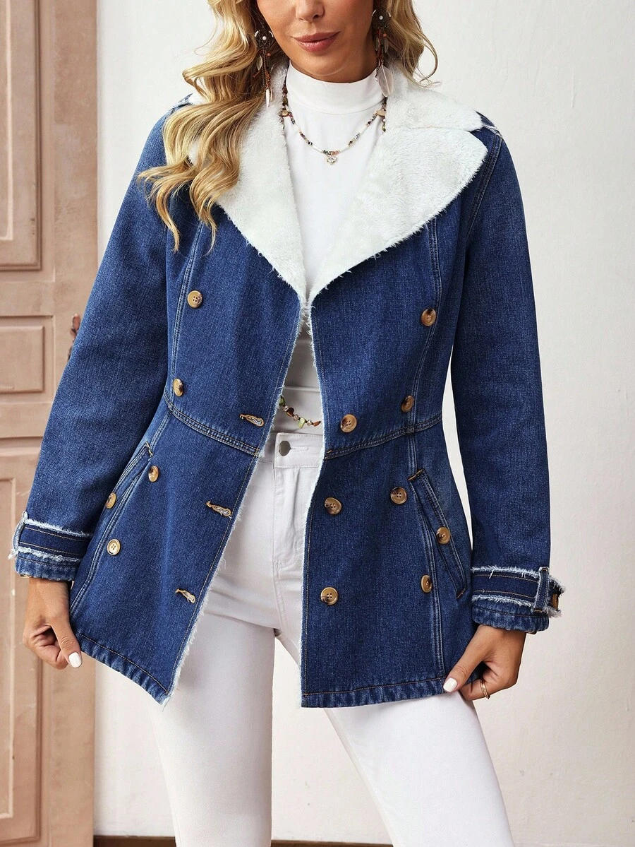 EMERY ROSE 女士翻领双排扣保暖内衬收腰牛仔夹克，秋冬季女士冬季外套 - 深色水洗藍 - 查看 1