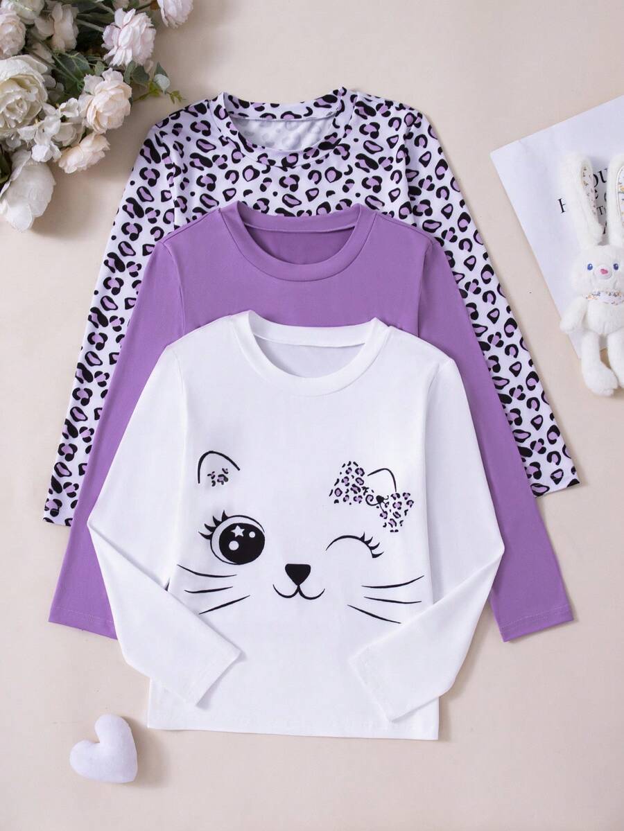 Sparklyn 3pcs Tween Girls Casual Versatile Cat & Leopard Print Pattern Round Neck Long Sleeve T-Shirts - Multicolor - View 1