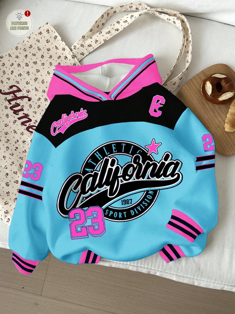 SHEIN Toddler Girls' Casual Retro Letter & Number Badge Graphic Loose Fit Crew Neck Comfortable Knit Long Sleeve Sweatshirt, Suitable For Autumn/Winter Hooded Sweatshirt Hooded Baby Girls Sweatshirts Baby Girl Sweatshirt