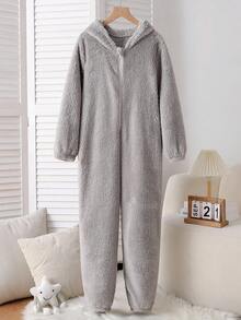 女童灰色毛绒刺绣熊毛绒长袖连帽连体裤家居服 - 灰色 - 查看 2