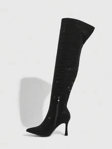 CUCCOO SZL Giày bốt cao đến đùi đính đá Rhinestone thời trang dành cho nữ, gợi cảm và quyến rũ cho tiệc tùng, biểu diễn, câu lạc bộ đêm - màu đen - Xem 10