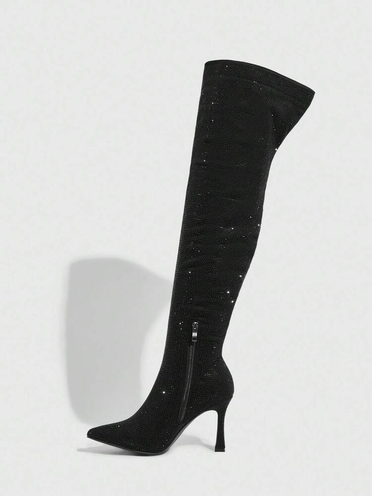 CUCCOO SZL Women's Fashion Pointed Toe Rhinestone Embellished Stiletto Heel Thigh High Boots, Sexy & Glamorous For Party, Performance, Nightclub
