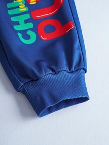 SHEIN | PAW Patrol 2 件套小男孩卡通可爱小狗拼布印花长袖连帽运动衫和运动裤针织户外休闲运动服套装，秋冬