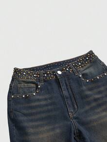 ROMWE Grunge Punk Y2K Sexy Punk Rock Metal Sequin Embellished Women Jeans - Blue - View 3