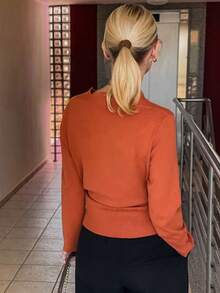 Vivie Lora 女式修身蕾丝领长袖毛衣 - 珊瑚橙 - 查看 5