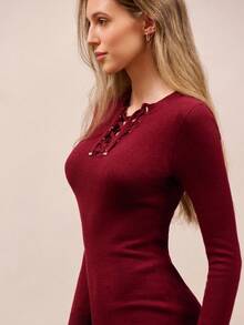 lacRébo Vintage Fitted Lace-Up Mini Dress Spring Spring Summer Outfits Going Out Dress New Year Dress French Style Parisian Style - Red - View 3