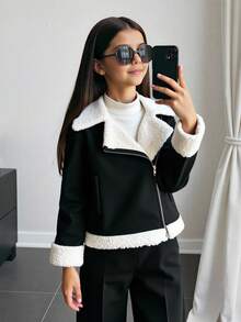 SHEIN Tween Girls' Black & White Contrast Faux Fur Suede Jacket, Casual Chic Everyday Fashion Autumn Winter Clothes Girlomen - Black - View 2
