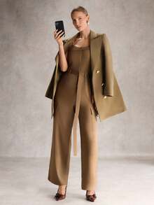 SHEIN Unity 女式休闲单排扣中长款西装外套，秋季 - 卡其色 - 查看 3