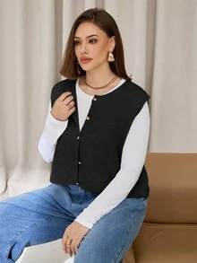 Auralis Chaleco de punto casual, suelto y cómodo de estilo básico y versátil en color albaricoque para mujer de talla grande, para otoño e invierno, para volver al colegio, para el aeropuerto, para uso casual, para invierno, de estilo sencillo - Negro - Ver 3