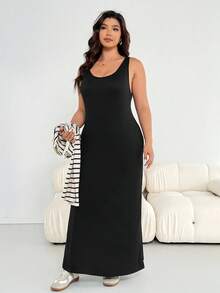 SHEIN Essnce Plus Size Women's Autumn And Winter Fashion Casual Loose Comfortable Daily Versatile Slim Apricot Striped Top And Black Long Vest Dress Two Pieces Set,Fall Clothes,Airport Outfits,Simple Style - Apricot - View 4