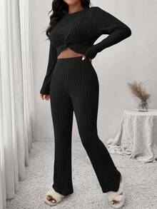 SHEIN Frenchy 2 Stücke Lässig Strick Set in Große Größen, beinhaltet Damen Aprikose T-Shirt + Damen Hose, geeignet für Lässig, Zuhause und Lässig Sport, Herbst/Winter - Schwarz - Übersicht 6