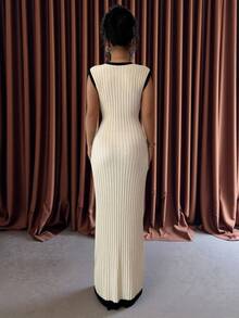 SHEIN Frenchy 女式圆领撞色饰边毛衣裙，舒适针织连衣裙，撞色宽罗纹，罗纹长裙，长款紧身连衣裙，紧身长裙，修身长裙，秋冬 - 杏色 - 查看 2