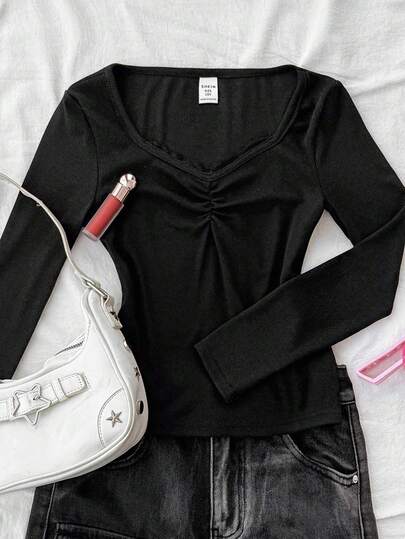 Tween Girls Lace Trim Elastic Fitted Ribbed Long Sleeve T-Shirt Black Shirt For Teen Girls Cute Black Tops Teen Girl Gothic Shirt Black Long Sleeve Top Baby Doll Long Sleeve Top,Spring/Autumn/Christmas,Holiday/Famliy Day/Happy New Year,Back To School