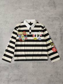 ROMWE MEN Men Letter Prep Striped Long Sleeve Casual Loose Polo Collar Sweatshirt, Fall - Black and White - View 1