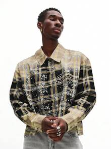 SUMWON Chaqueta de cuadros con estampado de galaxia, cuello con botones, efecto brillante, estilo casual y oversize para otoño e invierno - Caqui - Ver 1