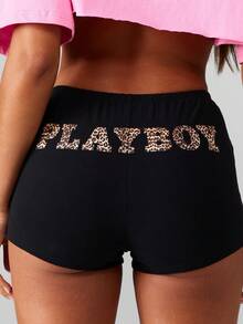 Missguided x Playboy Quần short cạp cao họa tiết da báo dành cho nữ dự tiệc câu lạc bộ - màu đen - Xem 1