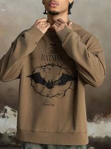 BATMAN X SHEIN Men's Casual Fashionable Street Bat & Letter Print Dropped Shoulder Loose Hoodie, Spring/Autumn, Long Sleeve Top - Brown - View 1