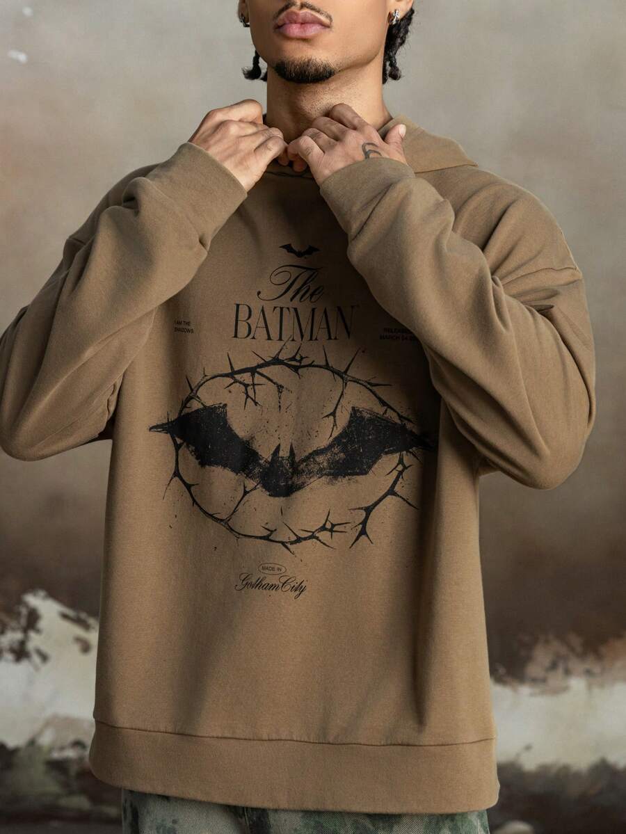 BATMAN X SHEIN Men's Casual Fashionable Street Bat & Letter Print Dropped Shoulder Loose Hoodie, Spring/Autumn, Long Sleeve Top - Brown - View 1