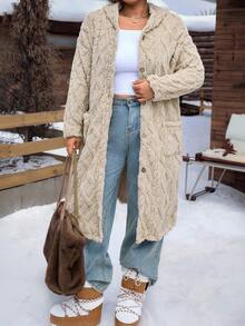 SHEIN EZwear 大码休闲连帽长款双面珊瑚绒夹克 - 杏色 - 查看 5