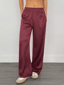 SHEIN PETITE 休闲黑色侧条纹长裤简约时尚日常休闲 - 酒紅色 - 查看 6