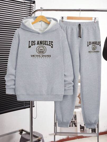 SHEIN 2 st. set med huvtröja och engelsk logotyp för tonårspojkar och byxor med manschetter, lämplig för höst, vinter, skola, hem, vardag, sport, mångsidig och minimalistisk