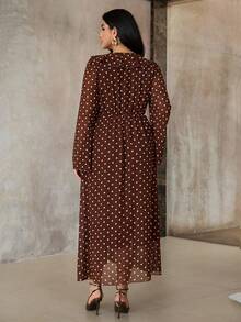 Roveilla 大码 V 领喇叭袖雪纺波点腰连衣裙，春秋 - 咖啡棕 - 查看 2