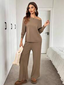 SHEIN LUNE 2 pièces Ensemble pull oversize à manches chauve-souris et pantalon large en tricot, tenue en tricot décontractée, élégante et vintage pour femmes en automne/hiver