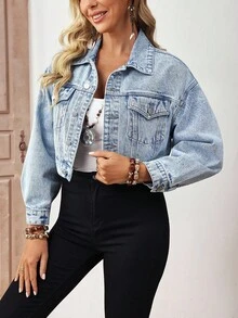 EMERY ROSE Chaqueta de mezclilla corta lavada de moda, otoño - Lavado ligero - Ver 3