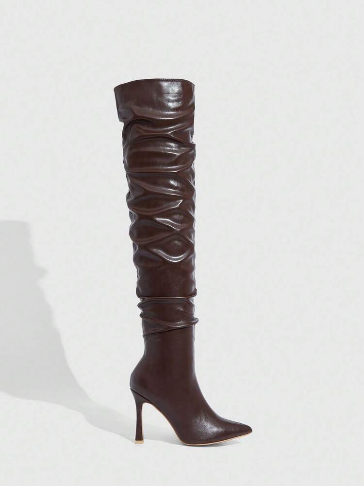 CUCCOO SZL Women's Fashion Pointed Toe Stiletto Heel Tall Boots, Coffee Color, Slouchy Thigh High Boots, Wrinkle Sexy Party Club High Heel Over-The-Knee Boots For Christmas Spring Shoes