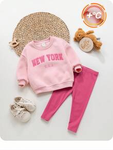 SHEIN Babygirl Casual Graphic Letter Print Sweatshirt Set, Autumn/Winter - Pink - View 2
